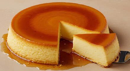 A delectable flan dessert with a rich, amber caramel glaze slice missing, tempting viewers with its smooth texture and sweet flavor.