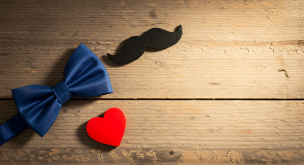 A charming Father's Day arrangement featuring a bow tie, mustache, and heart on a rustic wooden backdrop, embodying love and appreciation.