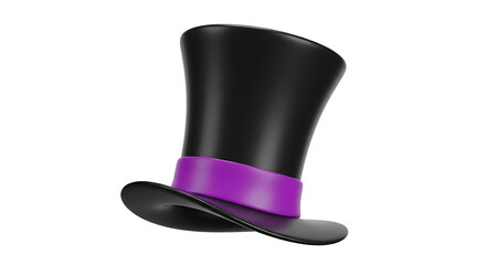 Black top hat with purple ribbon on white background