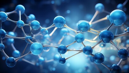 molecular structure with blue spheres and connecting bonds representing scientific research and technological innovation in healthcare and pharmaceutical industries generative ai
