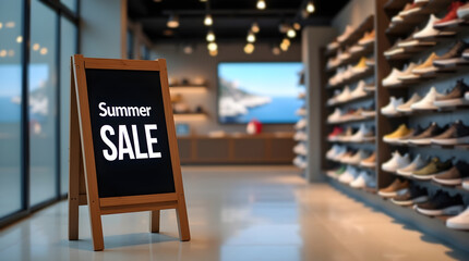 Summer SALE signboard in modern retail store interior with sneakers on display