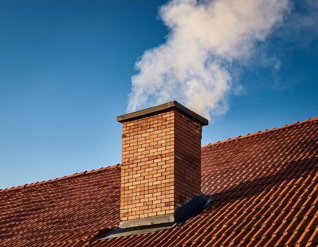brick chimney with smoke on tiled roof
