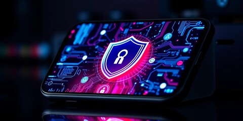 Large phone displaying shield icon, symbolizing internet security and data protection,   online identity,   safe browsing