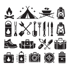Camping elements set silhouette vector graphics