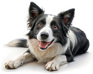 Fototapeta premium A stylized black and white Border Collie in a relaxed lying pose, smiling brightly and looking directly at the viewer