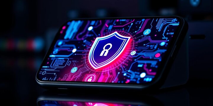 Large phone displaying shield icon, symbolizing internet security and data protection,   online identity,   safe browsing