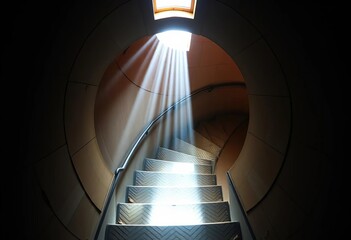 Obraz premium Narrow spiral staircase ascending within a lighthouse, light streaming from above, design, stairs
