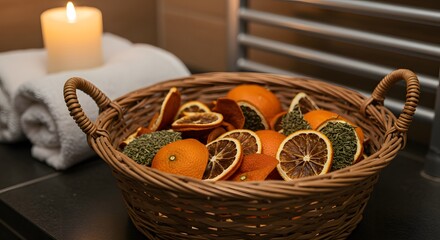 Aromatic Dried Orange Slices in Wicker Basket Spa Setting: Relaxing Wellness Atmosphere