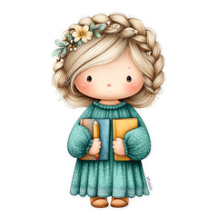 Adorable Blonde Girl in Teal Dress Holding Books,clipart, cut out, no background ,PNG die-cut for advertising