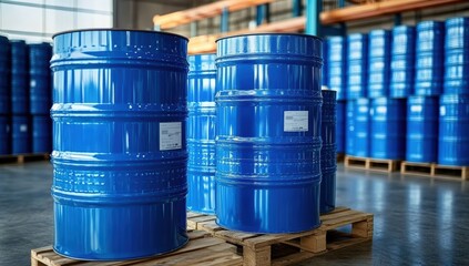 Blue metal barrels are stacked on wooden pallets inside a spacious industrial warehouse with shelves in the background.