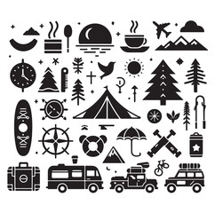 Camping elements set silhouette vector graphics