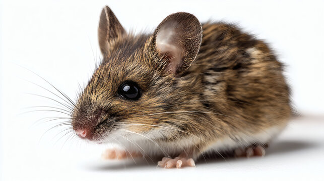A charming close-up of a curious brown mouse, isolated on a white background.
