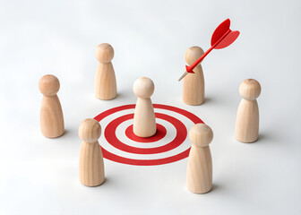 Obraz premium Bullseye Strategy Concept with Wooden Figures, Dart Hit, and Team Goal Metaphor on White Background