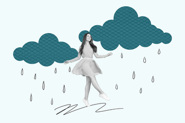 Image doodle full 3d photo collage of happy girl guy stand doodle rain cloud autumn sprint storm...