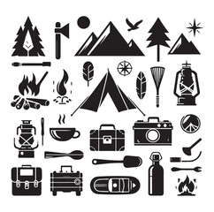 Camping elements set silhouette vector graphics