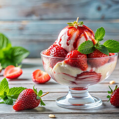 Creamy strawberry swirl ice cream with rich berry sauce and fresh fruit garnish in glass bowl, classic summer indulgence, classic dessert perfection for cafes and family gatherings