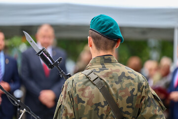 Uzbrojeni żołnierze w szeregu w mundurach Armia Polska.  © FotoDax