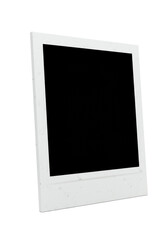 A blank instant photo frame, classic polaroid style, distressed matte white border, with a deep black empty rectangular void, isolated on a pristine transparent background, 3/4 view, clean
