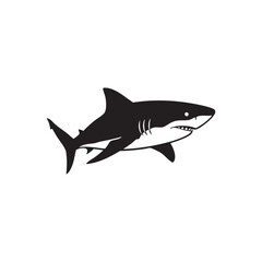 Black silhouette of a great white shark swimming isolated on white background silhouette