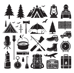 Camping elements set silhouette vector graphics