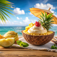 Sugar free tropical ice cream in coconut shell with fresh fruit, guilt free island treat, guilt free energy boost for fitness lifestyles and clean eating