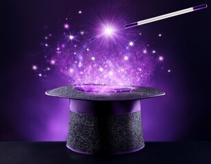 magic wand and hat with sparkling purple magic on dark background