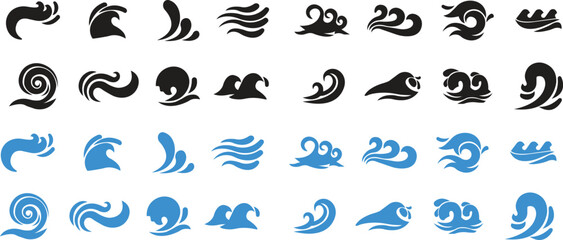 Blue and black water waves vector icons set, flat ocean, sea, ripple, and surf abstract collection, decorative and fluid graphic group, editable design elements for marine, beach, nature,