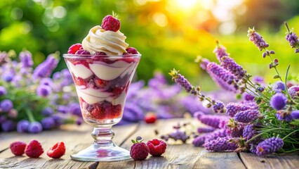 Elegant raspberry lavender ice cream sundae with edible flowers and whipped cream in tall glass, floral dessert sophistication, floral gourmet perfection for garden parties and luxury events