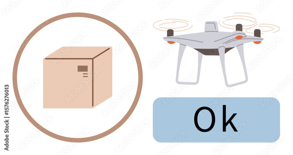 Poster package inside a circular frame, drone in transit with propellers, status ok below. ideal for logist