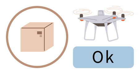 Package inside a circular frame, drone in transit with propellers, status Ok below. Ideal for logistics, e-commerce, drone technology, shipping solutions, automation, innovation in delivery simple
