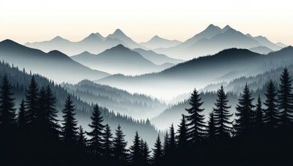 Obraz premium A serene mountain landscape with layered ridges fading into the distance, dense pine forests, and soft mist in a monochromatic color scheme.