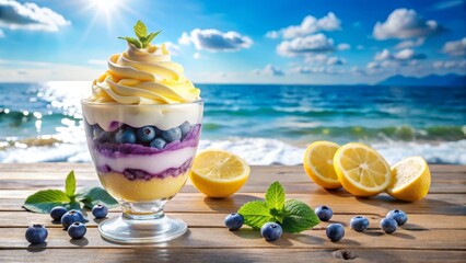 Layered blueberry and lemon ice cream parfait with fresh fruit topping in frosted glass, beachside dessert delight, beachside summer perfection for coastal cafes and vacation content