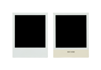 Two vintage instant film photo frames, distressed white borders, black voids, '041450' on right beige strip, isolated on transparent background with copy space, photorealistic UHD commercial