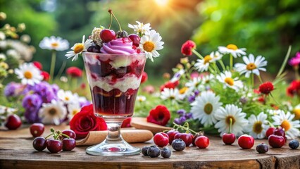 Rich cherry blackcurrant ice cream sundae with fresh berries and whipped cream swirl in tall glass, indulgent berry bliss, indulgent summer dessert perfect for gourmet cafes and food photography