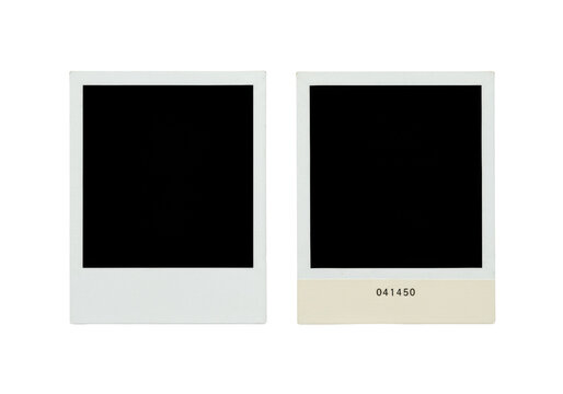 Two vintage instant film photo frames, distressed white borders, black voids, '041450' on right beige strip, isolated on transparent background with copy space, photorealistic UHD commercial