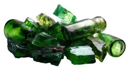 Assorted glass shards from green bottles background isolated on a Transparent background, PNG file.