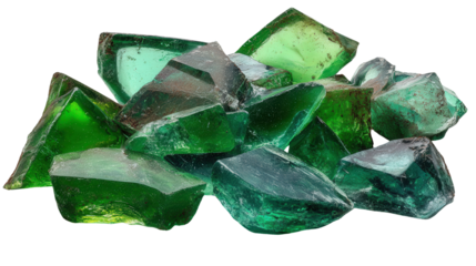 Assorted glass shards from green bottles background isolated on a Transparent background, PNG file.