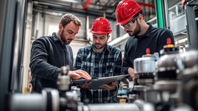 Three engineers in red helmets discuss plans and inspect machinery inside an industrial facility. - Powered by Adobe