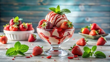 Sugar free strawberry protein ice cream with antioxidant berry sauce and fresh garnish, guilt free berry bliss, guilt free dessert innovation for active lifestyles