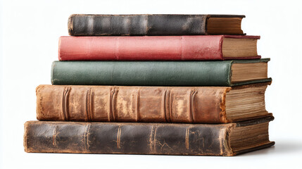 Fototapeta premium A stack of antique books with weathered leather covers on white.