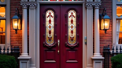 An image of a Victorian-style front door painted in deep burgundy, with decorative carved wooden panels and intricate stained glass insets.