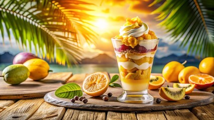 Sugar free mango passionfruit protein ice cream with coconut whip and fresh fruit, guilt free tropical escape, guilt free energy boost for fitness lifestyles and clean eating