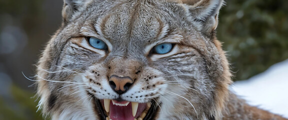 Obraz premium In-your-face close-up of a snarling lynx with a blood-speckled snout, icy blue eyes, and tufts of fur blowing outward in the mountain wind. 