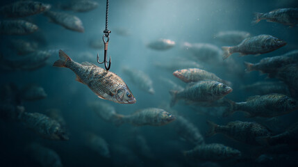 Naklejka premium A fish caught on a hook surrounded by other fish in a dark blue underwater environment scene view