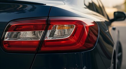 Close-up of a modern car’s taillight with a glossy surface and sleek design, parked outdoors, soft light reflecting on the curves, focus on texture and design details.