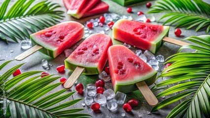Sugar free watermelon ice pops with dark chocolate seeds on ice, guilt free summer snack, guilt free hydration boost for active lifestyles and weight management