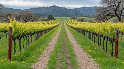 Obraz premium A scenic vineyard vista with rows of flourishing grapevines.