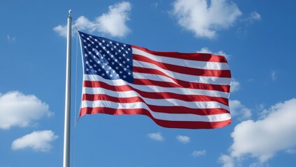 The American flag waves against a clear blue sky with scattered white clouds on a sunny day.