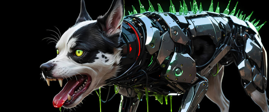 An electrifying digital portrait of a snarling dog-robot hybrid with chrome fur, a bright red nose, and liquid green drool dripping from pixelated teeth.