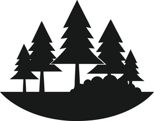 Fototapeta premium Black silhouette of wild deer and forest fir trees, sunset sunrise sun, wildlife adventure hunting landscape panorama illustration icon vector for logo, isolated on white background